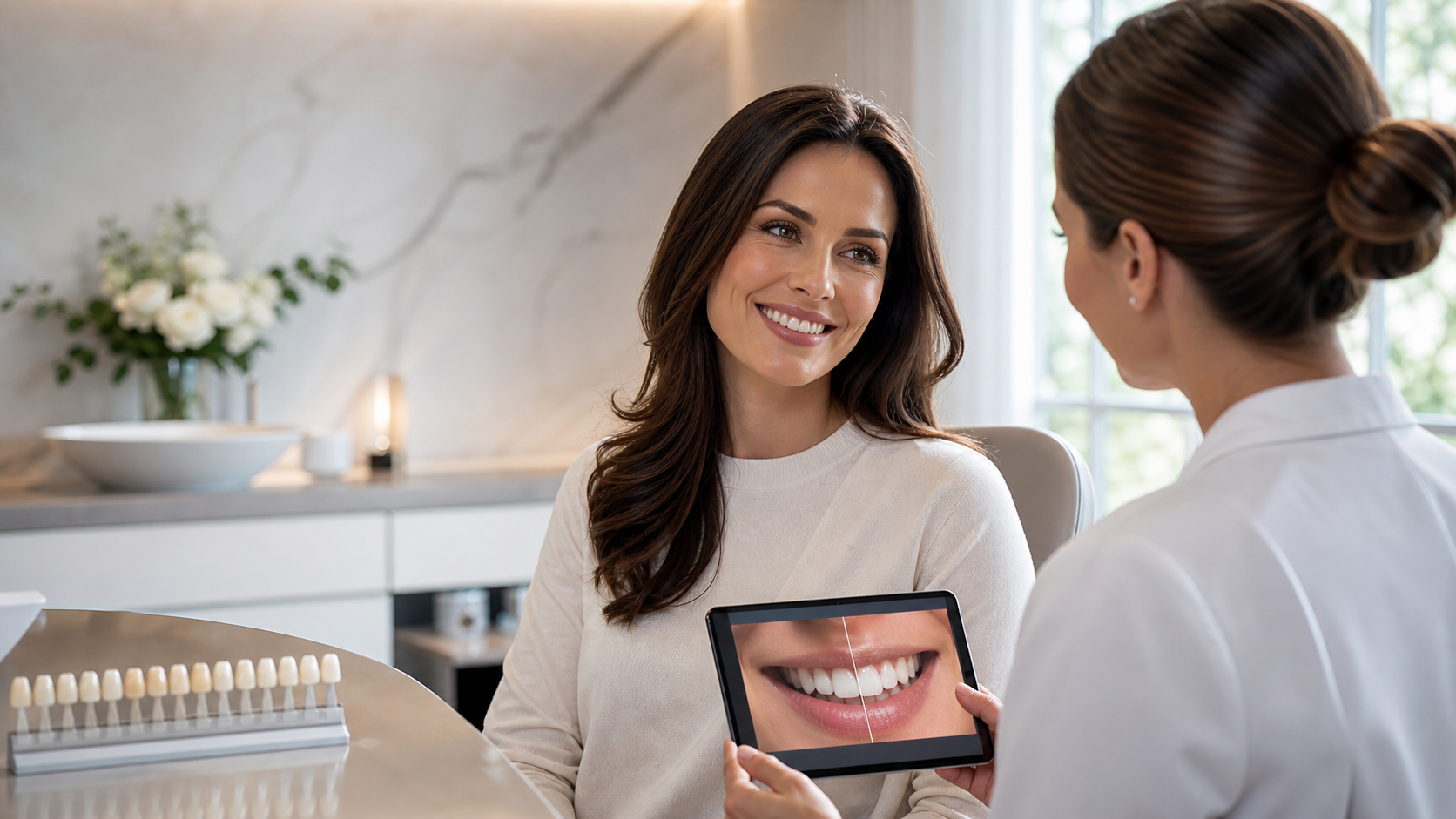 Patient discussing veneers and smile goals with a cosmetic dentist