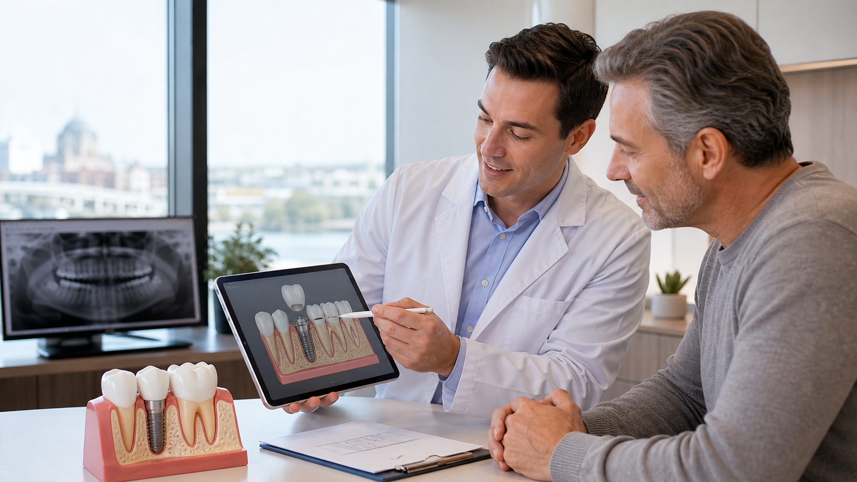 Dentist explaining dental implant options with a model and tablet during a consultation