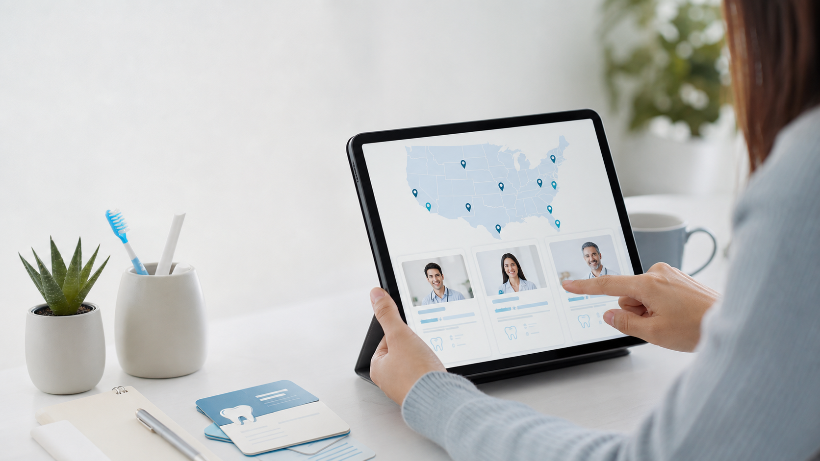 Patient comparing dentist profiles on a tablet using a nationwide dental directory