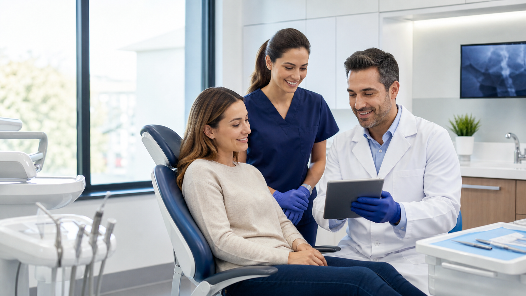 Dental team reviewing a preventive cleaning and checkup plan with a patient