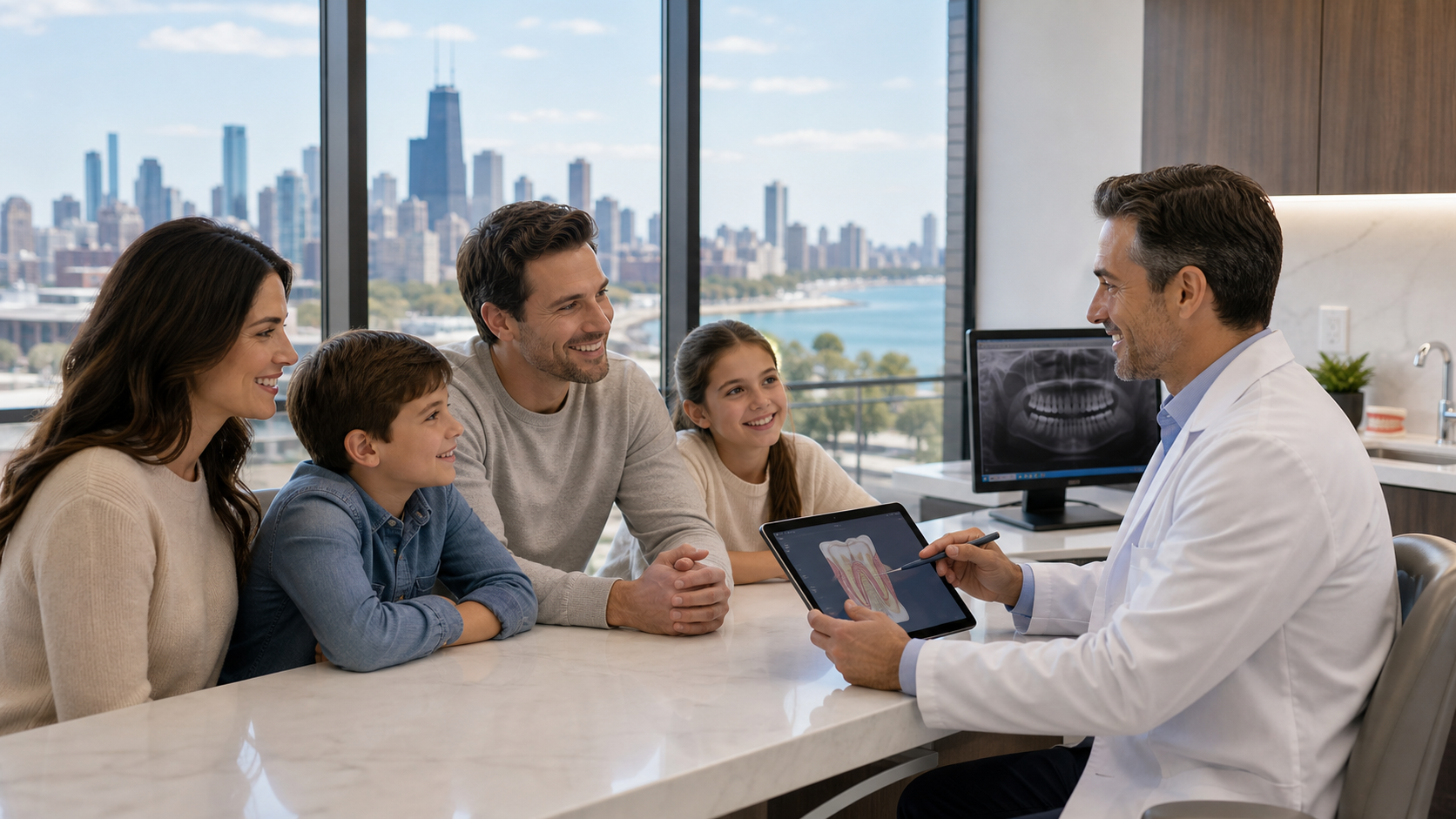 Family discussing dental care options in a modern Midwest dental office