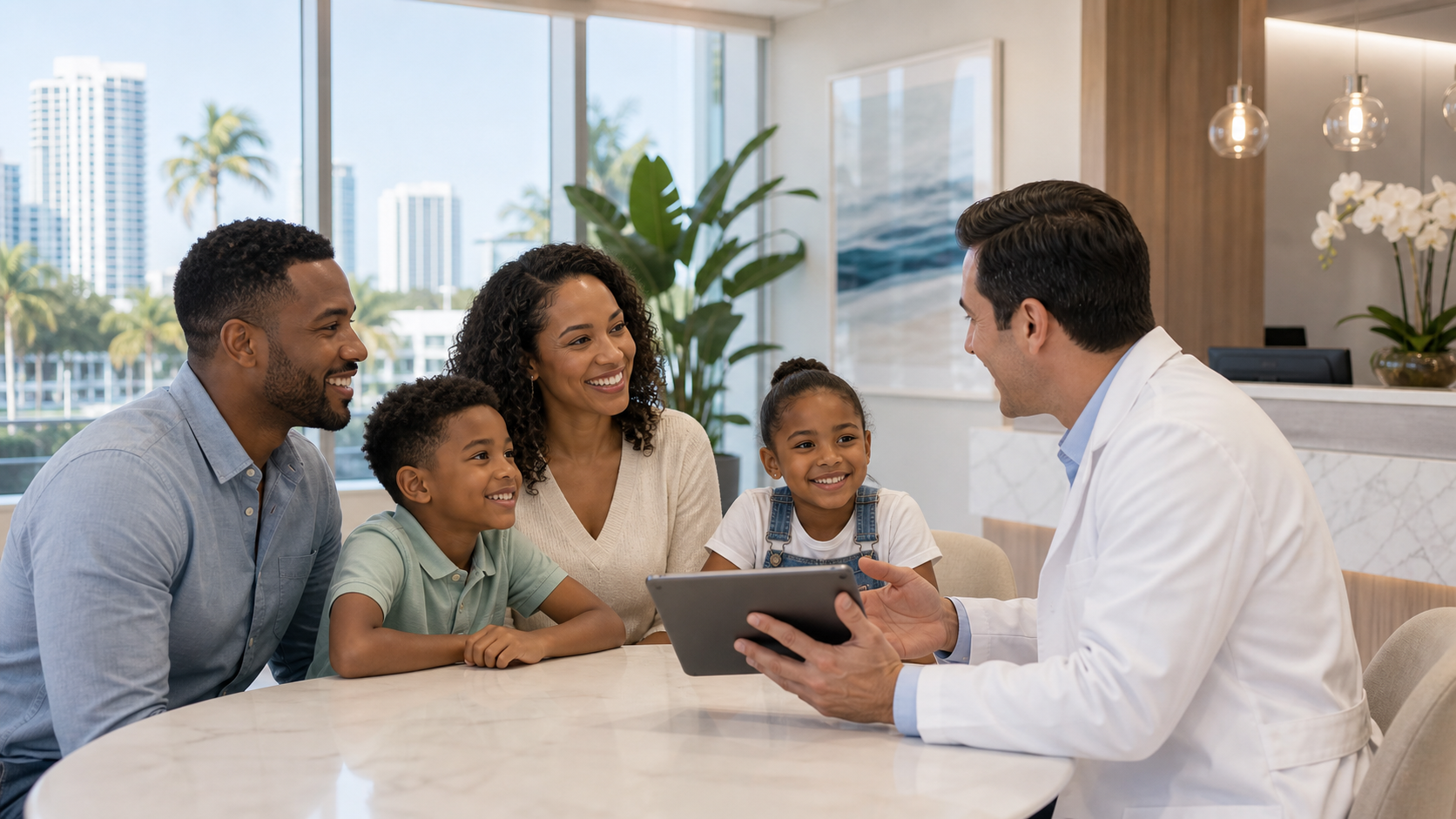 Family reviewing dental care options in a bright Southeast dental office