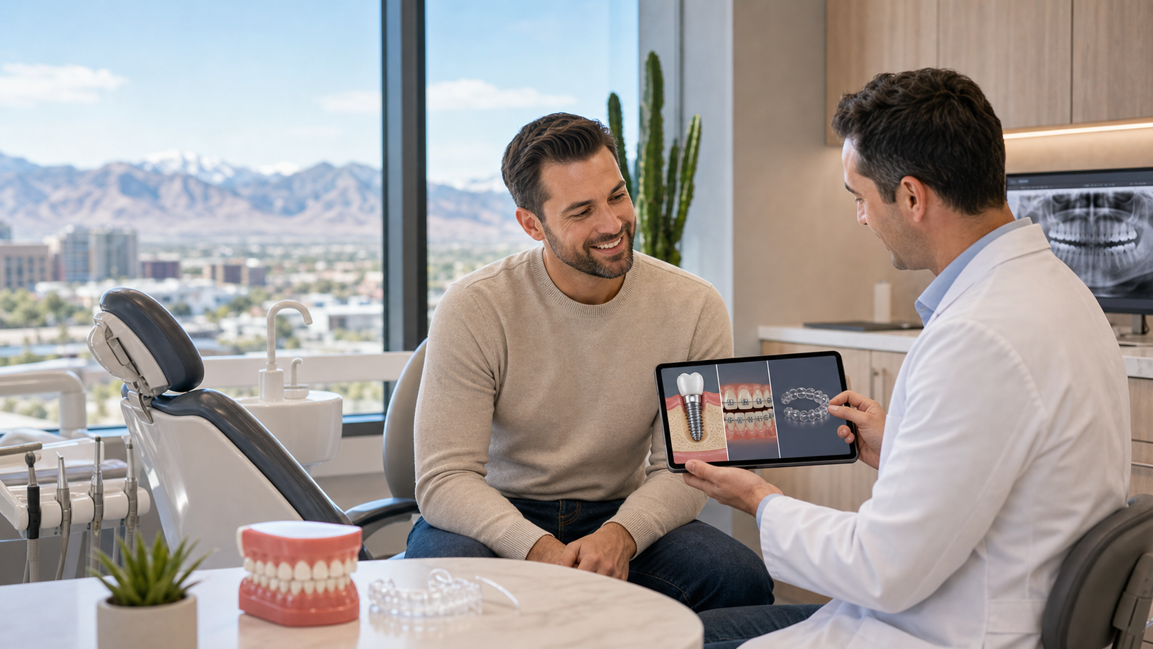Dentist explaining treatment options in a Mountain West dental consultation room