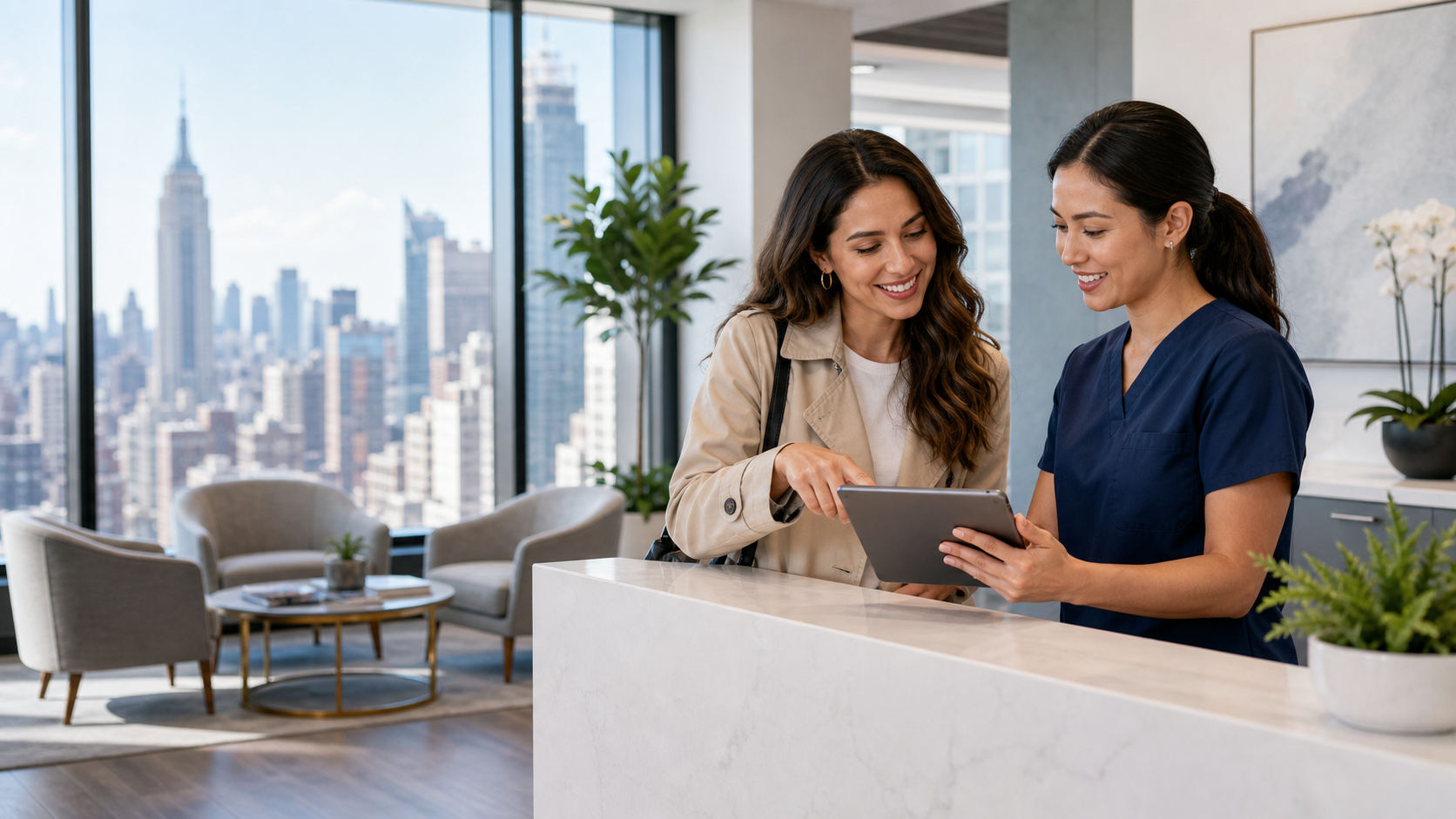 Patient comparing New York City dentist options in a modern dental office