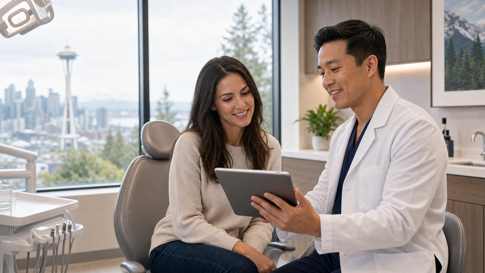Patient and dentist reviewing care options in a Pacific Northwest dental office
