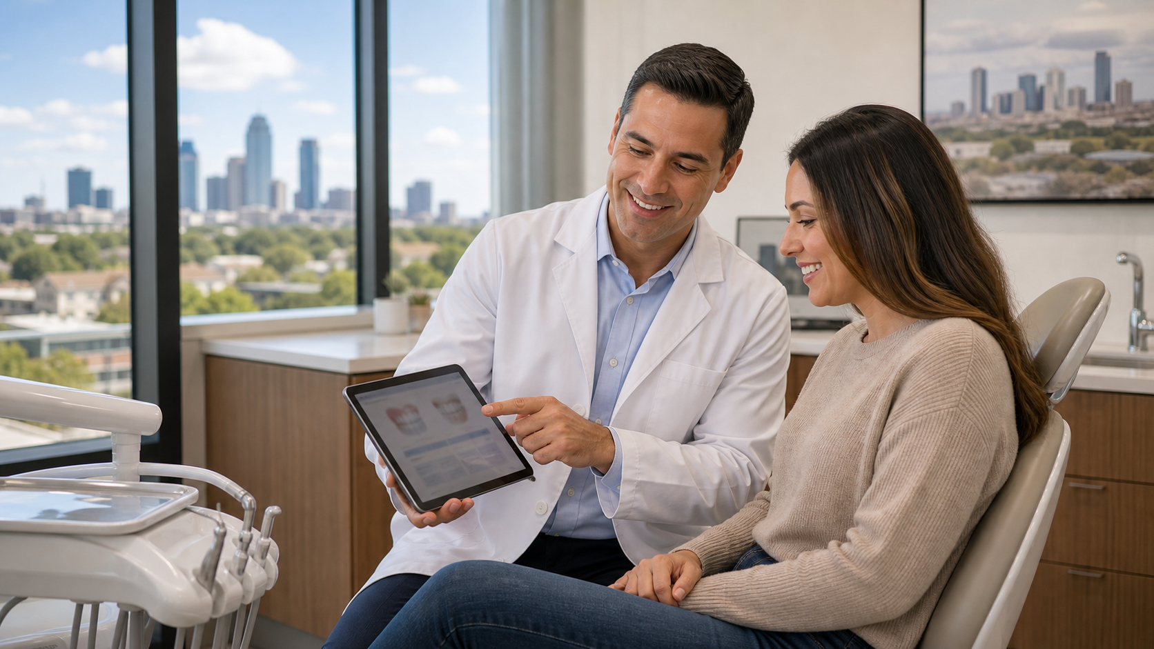 Dentist explaining treatment options to a patient in a modern Texas dental office