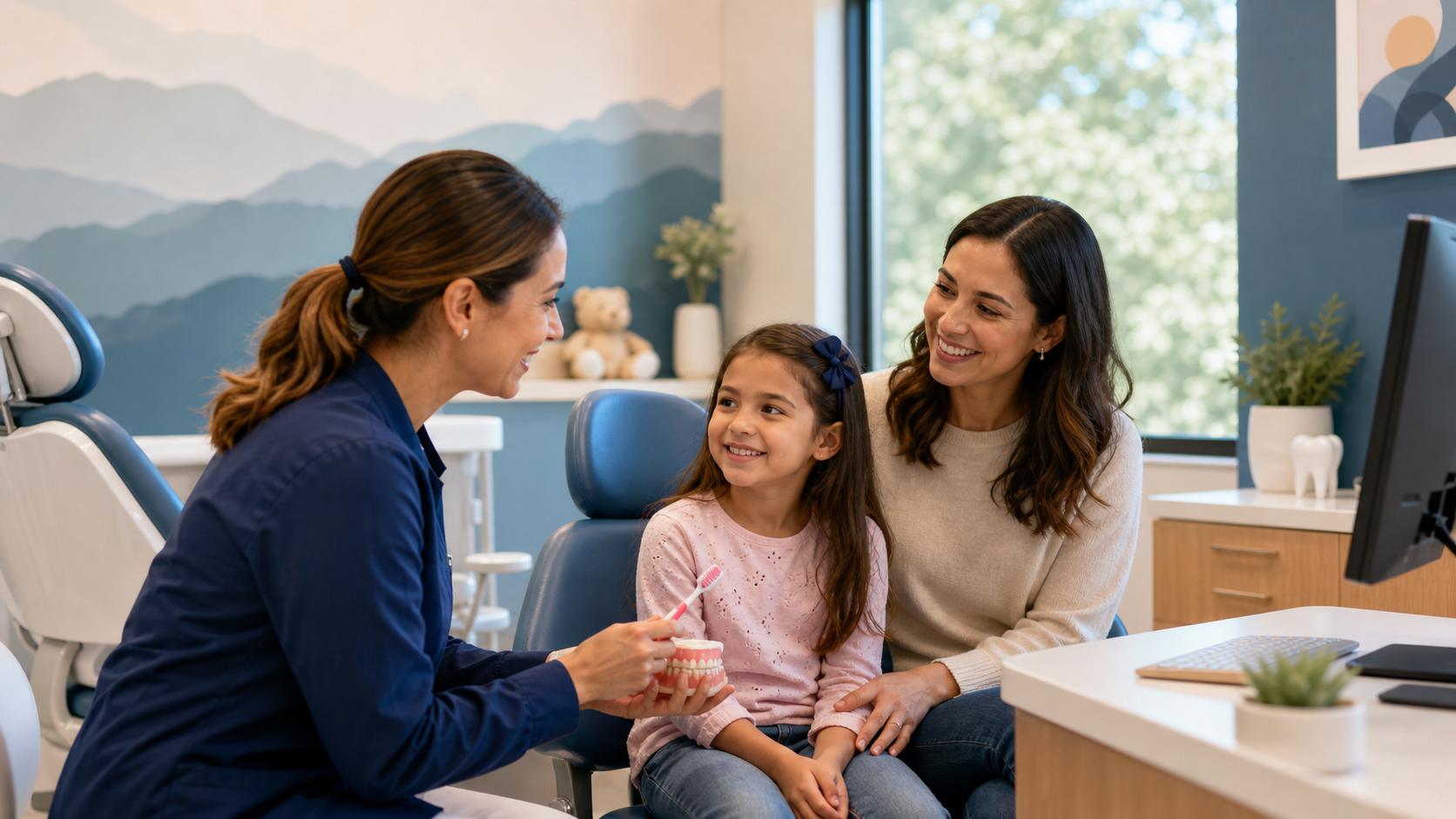 Pediatric dentist greeting a child and parent in a welcoming dental office