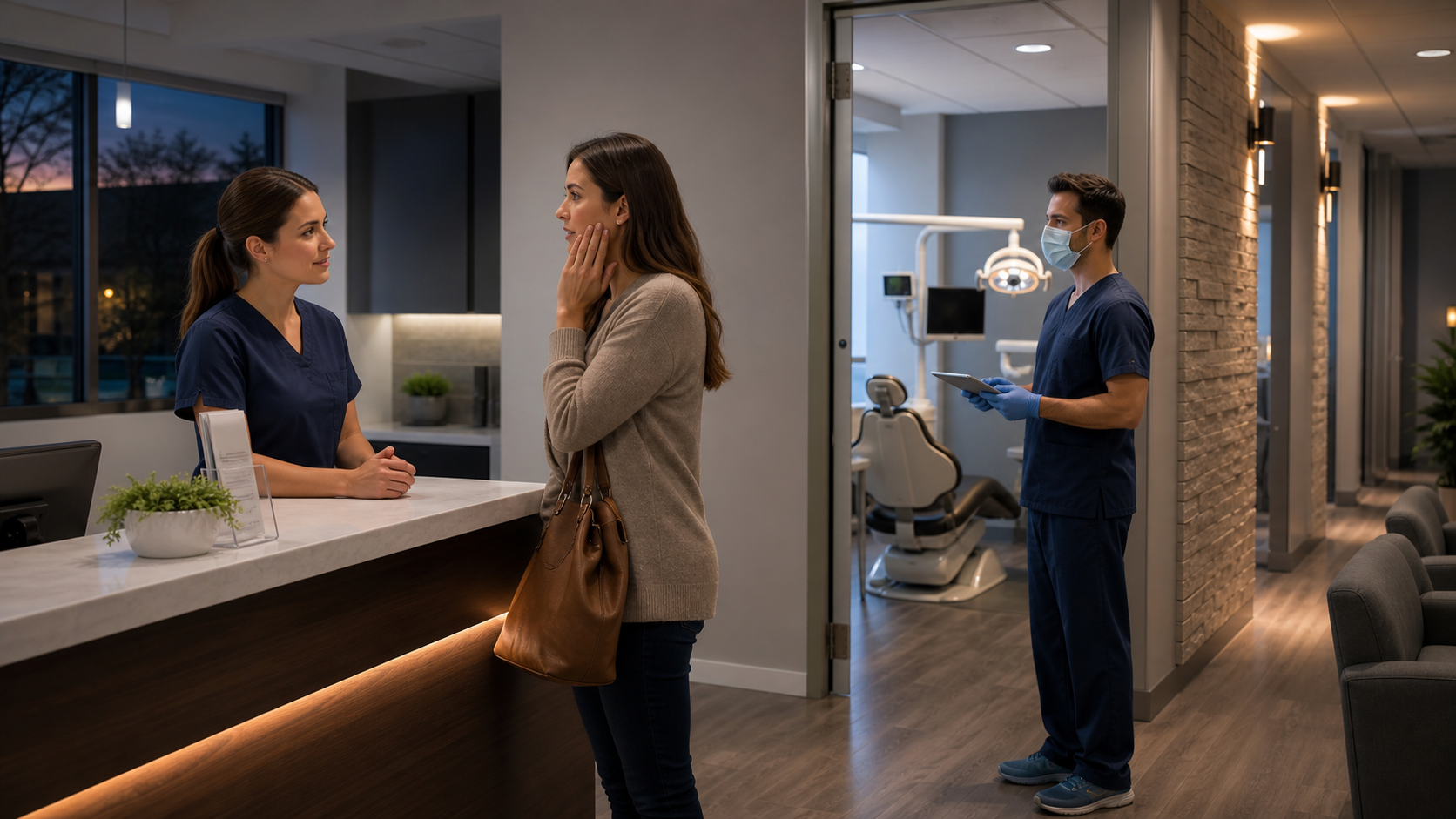 Patient speaking with a dental team member about urgent dental care
